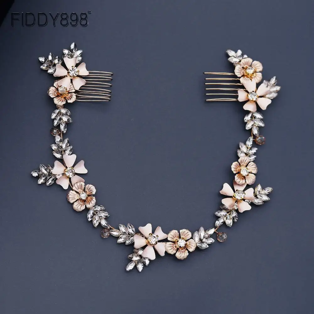 

Gold Metal Flowers Wedding Headband For Brides 2020 New Arrivals Handmade Rhinestones Bridal Comb Head Band HS-J6238