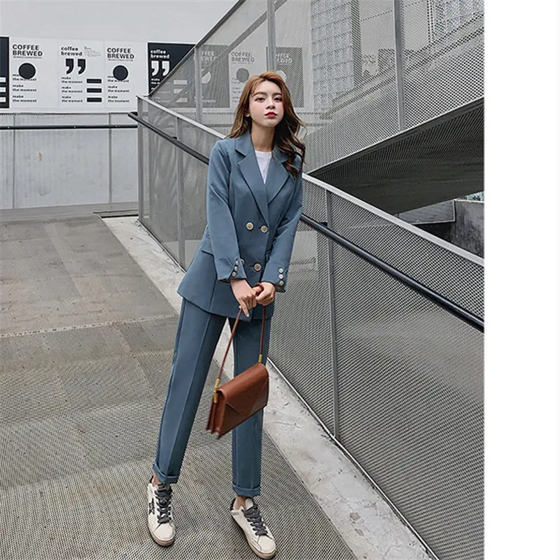

HziriP Chic 2020 All Match OL Style Solid Blazer Plus Elegant Blue Office Lady Autumn Women Work Wear Trouser 2 Piece Set Suits