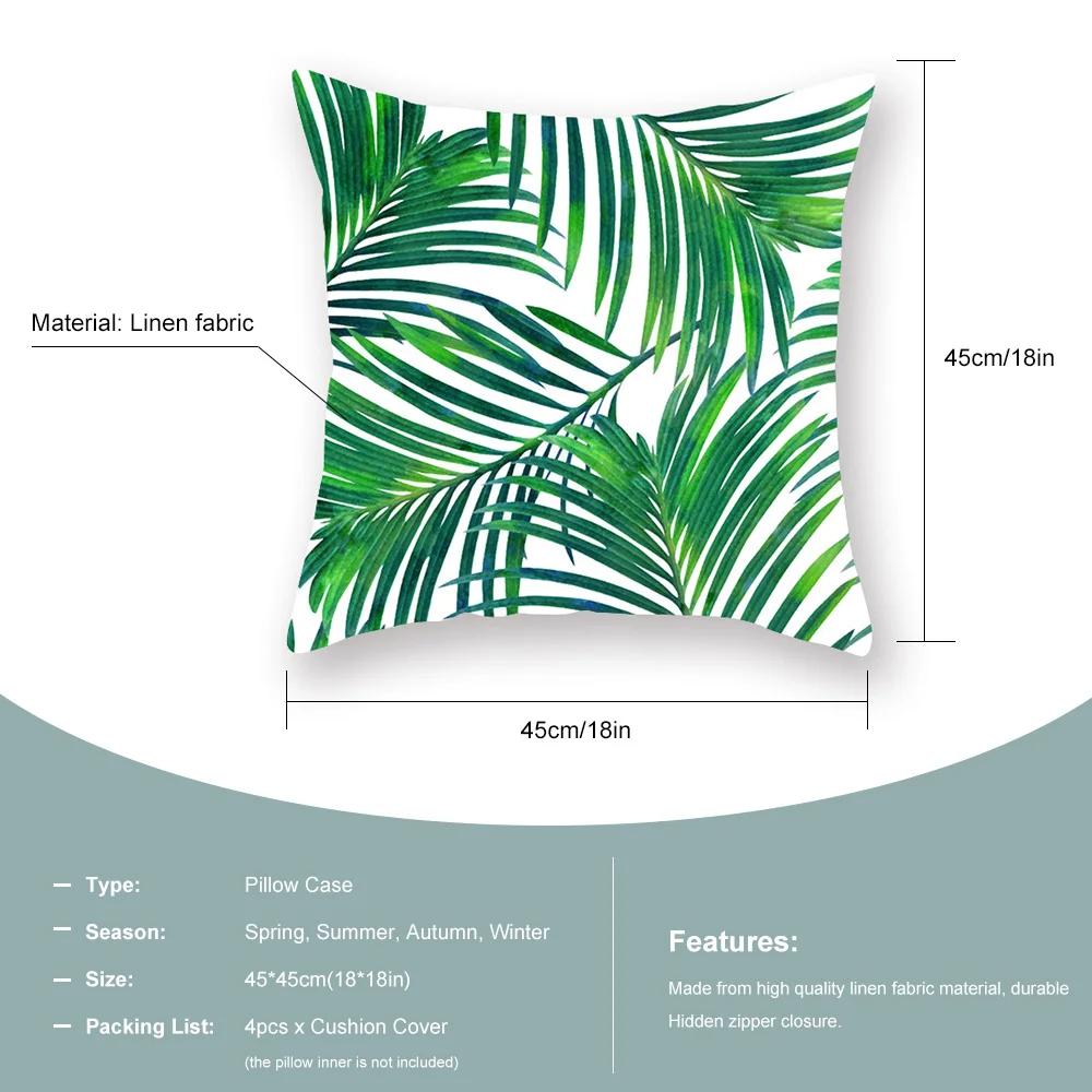 4Pcs/Set Tropical Plants Cushion Cover Leaf Green Leave Monstera Decorative Linen Pillow Case Hibiscus Flower | Дом и сад
