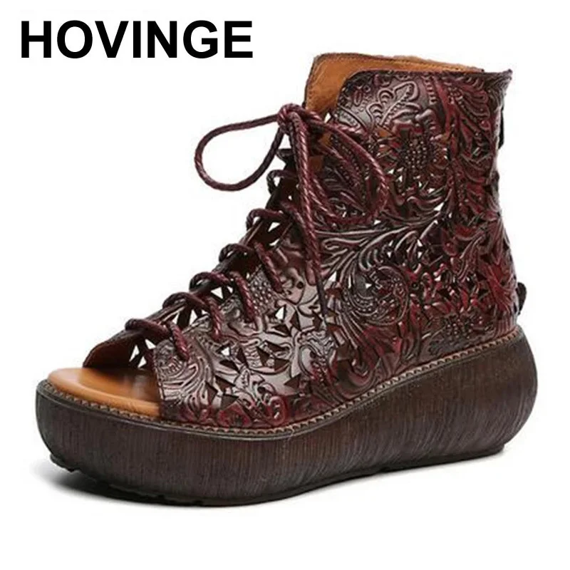 

HOVINGE Retro Embossed Real Cowhide Roman Women's Sandals Fish Mouth Laser Hollow Hole Thick-soled Ethnic Sandals Back Zipper