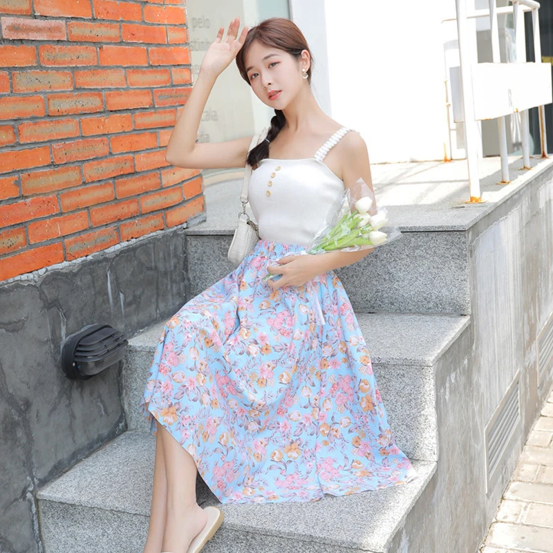 

Summer Floral Skirt Women Graffiti Printed Casual Loose Streetwear Mid-Length High Waisted Hawaiian Beach Skirts Female Korean