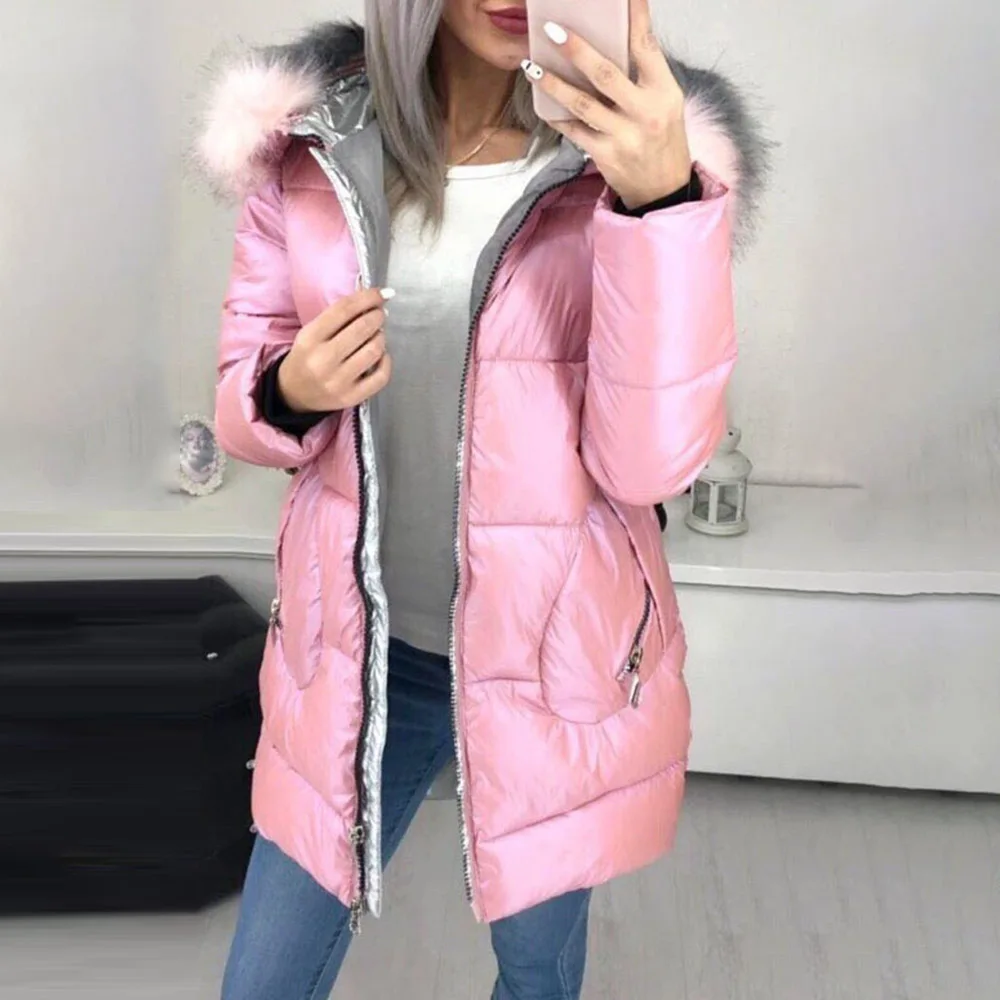 

Женская зимняя куртка средней длины, с длинным рукавом и большим меховым воротником