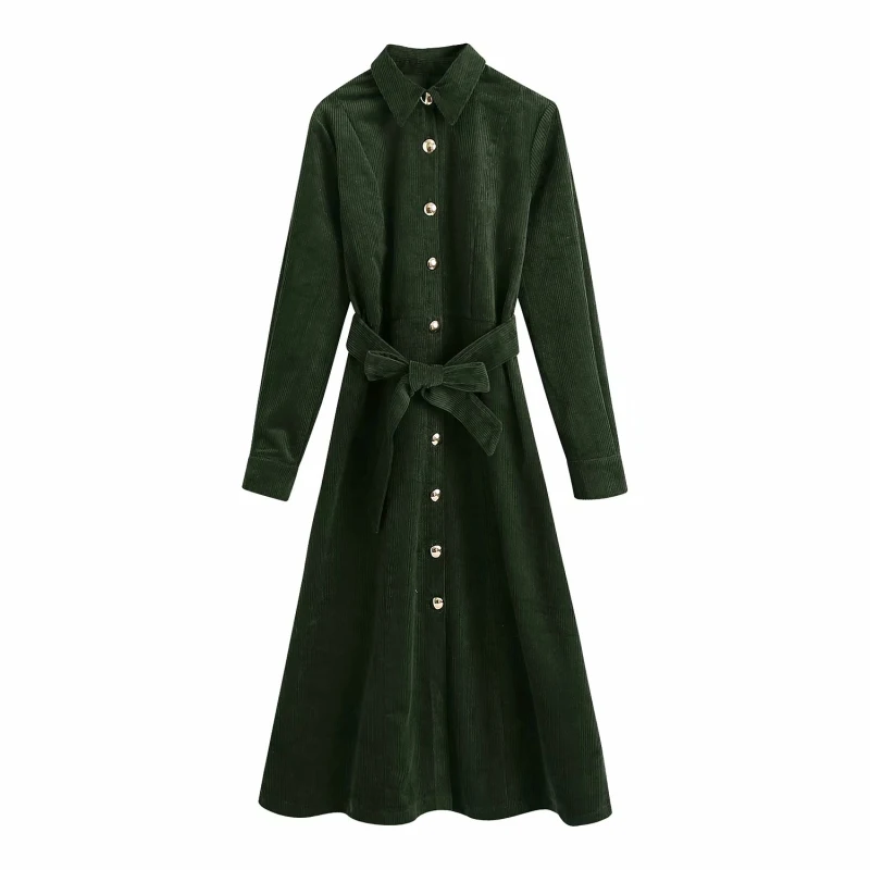 

Nice Vintage Woman ArmyGreen Corduroy Long Shirt Dress Fad Fashion Ladies Autumn Sashes Dresses Female Chic Long Sleeve Dress