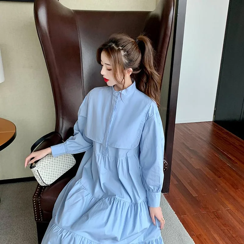 

One-Piece 2021 New French Style Spring Chic Dress Vintage French Small Stand-Up Collar Dress Loose Long Sleeve Sweet Cake Dress