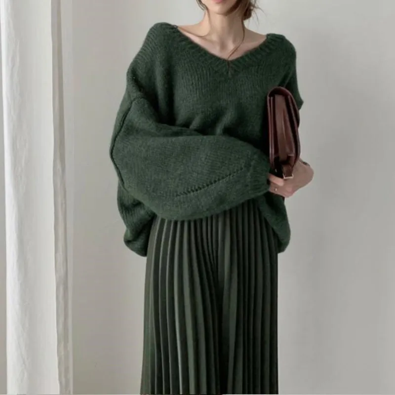 

HziriP New Arrival Autumn Winter Elegant V-neck Sweater OL Vintage Solid Pullovers Loose Knitted Sweaters Woman Clothes