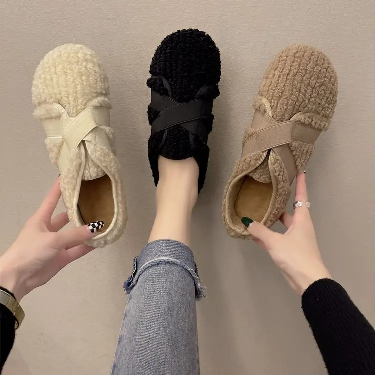 

Женские меховые Мокасины с эластичным ремешком, на плоской подошве, теплые зимние хлопковые туфли для женщин, однотонные плюшевые меховые л...