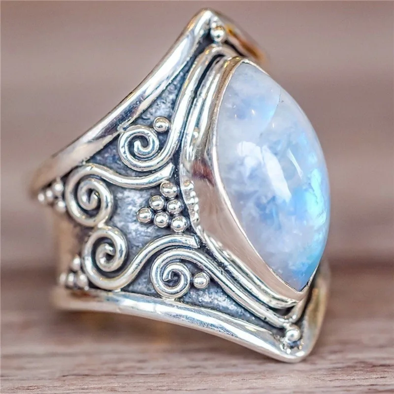 Женское Винтажное кольцо с лунным камнем Boho большой резьбой вечерние ювелирные