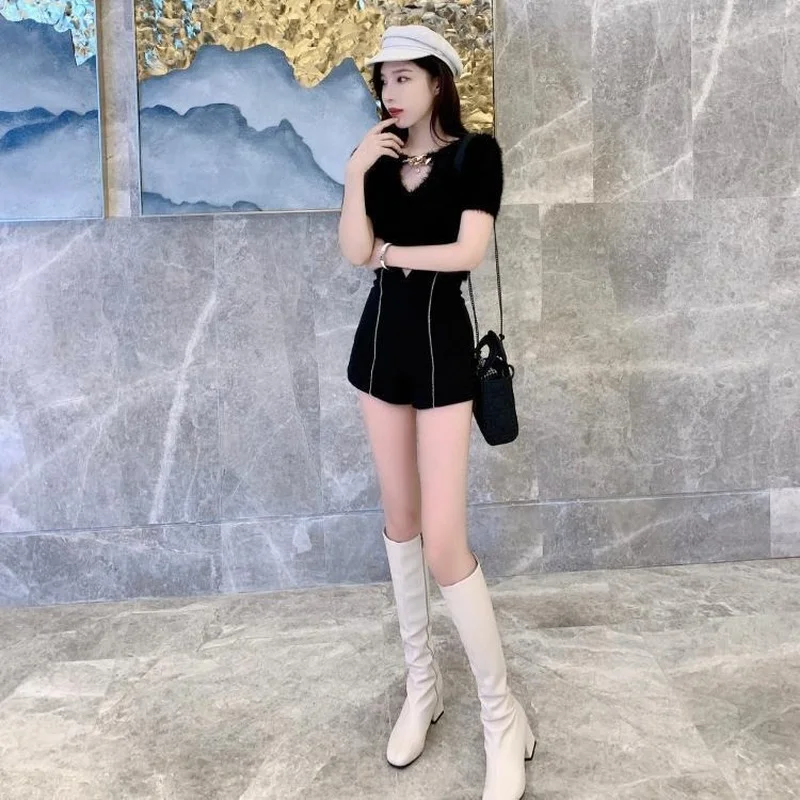 Мини шорты женские Стрейчевые с завышенной талией узкие шикарные облегающие