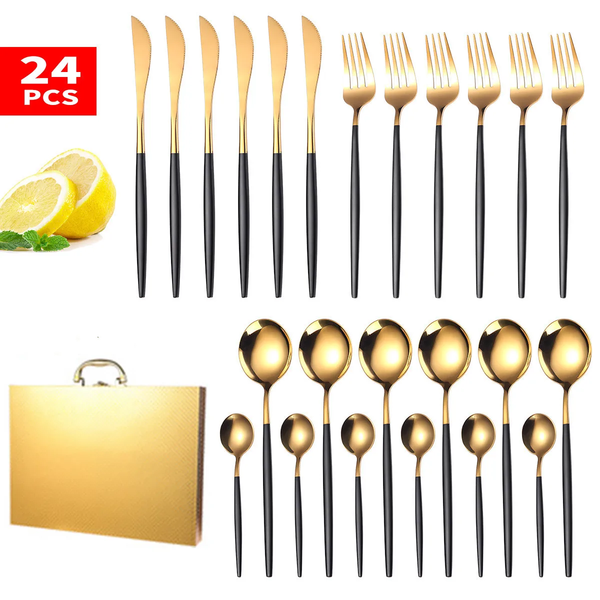 

24pcs Stainless Steel Tableware Set Knife Fork Spoon Home Gold Dinnerware Set Flatware Set Dishwasher Safe Cutlery Set Gift Box