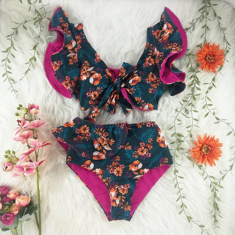 

Sexy High Waist Bikinis 2021 New Print Swimwear Women Swimsuit Shoulder Ruffle Bathing Suits Beach Wear Push Up Biquini Female