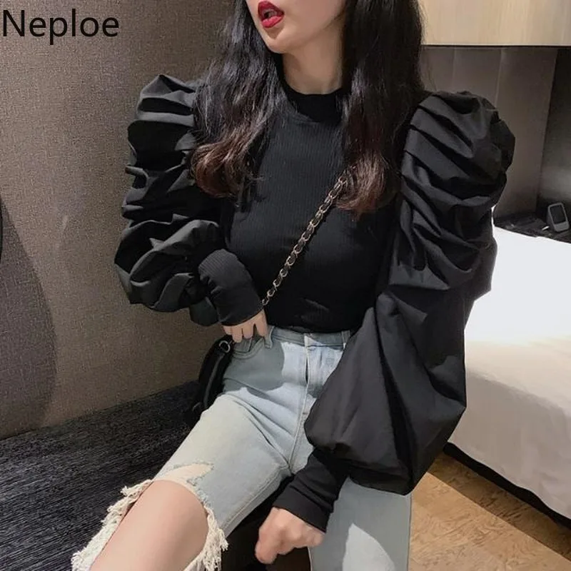Neploe, Корейская, с круглым вырезом, пышная, длинный рукав, дизайнерская блузка, женская, из кусков, Вязанная, облегающая, короткая, Blusas, осень, весна, новая рубашка
