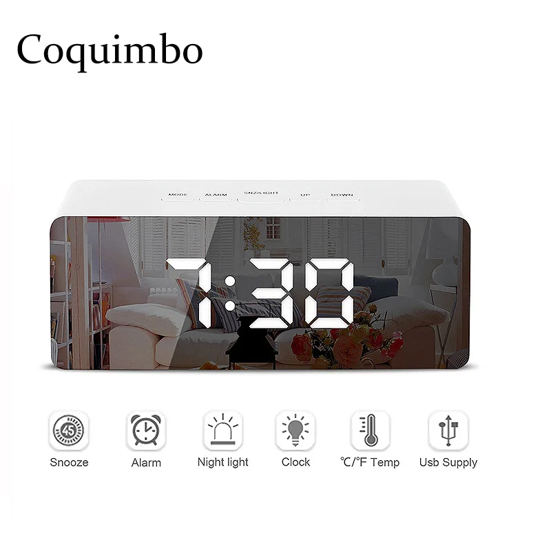 Цифровой зеркальный светодиодный Будильник ночник термометр настенные часы