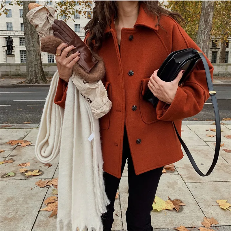 

Autumn Winter Woolen Short Coat Long Sleeve Single Breasted Loose Korean Style Ladies Outerwear Casual Minimalist Manteau Femme