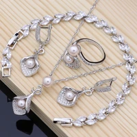 horn bridal jewelry sets pink pearls bead silver 925 jewelry for women earrings with stone pendantceringbraceletneckla set