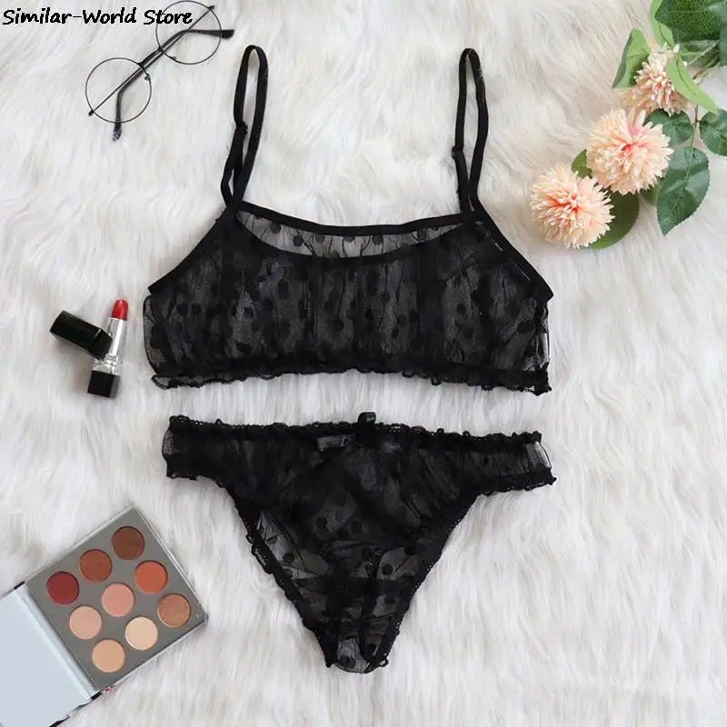 

Sexy Lingerie Erotic Underwear Polka Dot Mesh Frill Trim Lace Lingerie Set Top Lace Invisible Bra Set Bras For Women