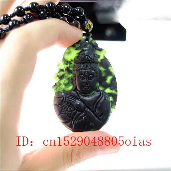 Натуральный черный зеленый китайский нефрит Гуаньинь кулон бусины ожерелье