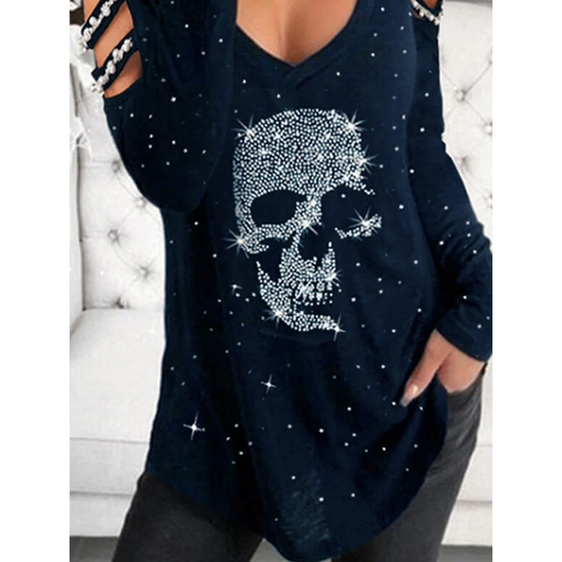 

Sequins Skull T Shirts Women Knit Off-shoulder Long Sleeve Spring Fashion Plus Size Tops Women Lugentolo