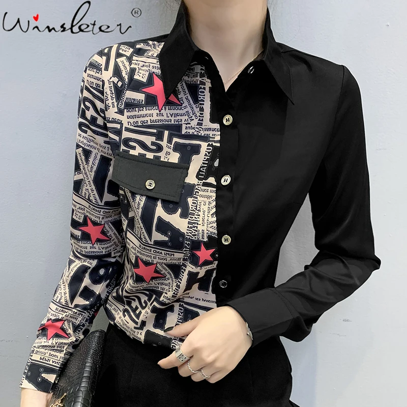 

Сезон весна-осень; Европейский Одежда, блузки для детей, модное винтажное женское печатное Кнопка Диссимметрия футболка с буквенным принто...