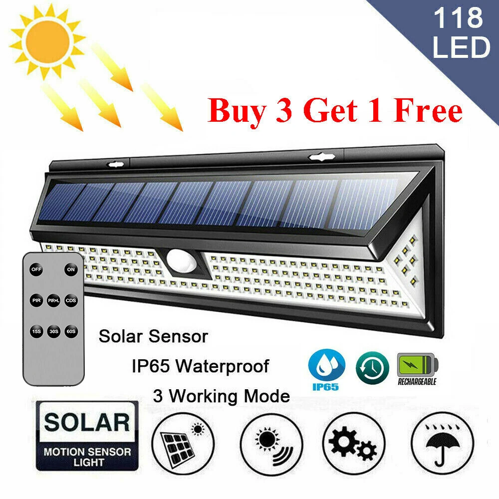 

118 Led Solar Lamp 3 Modes Solar Led Light Outdoor Waterproof Motion Sensor PIR Wall Light Powered Sunlight Garden Decoration