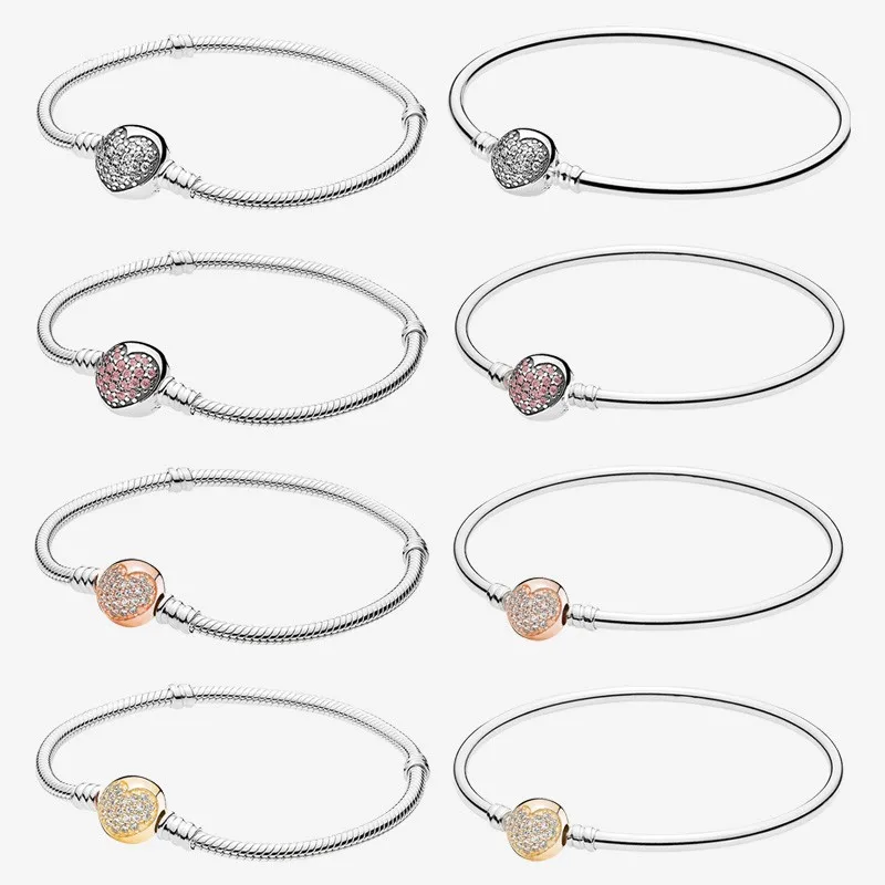 

925 Sterling Silver Pan Shiny Round Button With Heart Crystal Cz Bracelet Fit European Charm Bracelets Women Jewelry