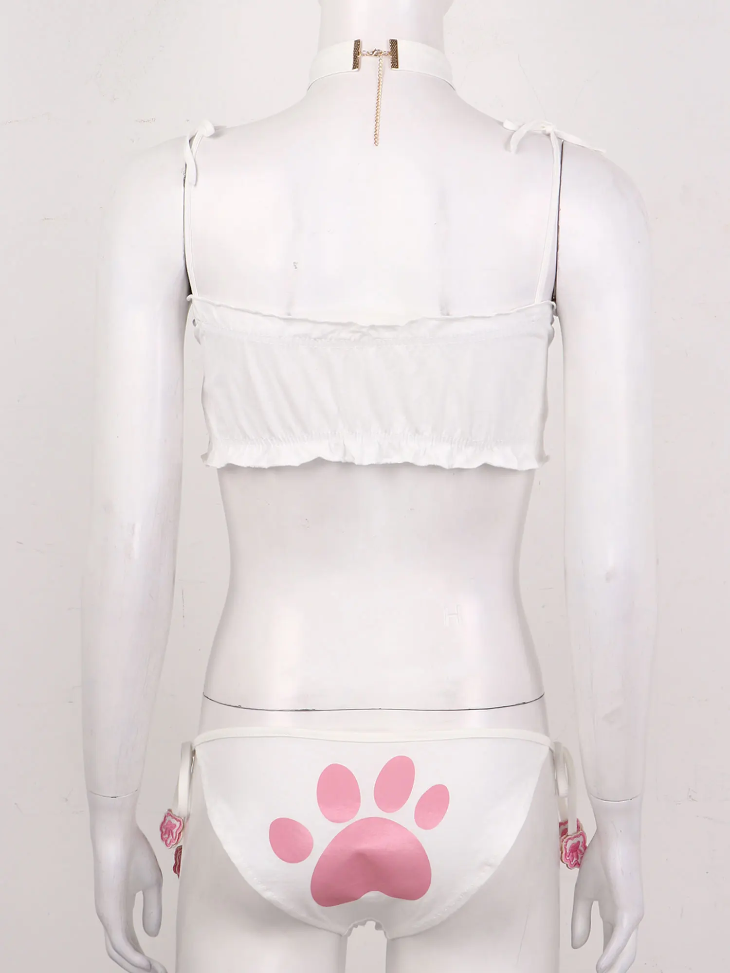 

Womens Cute Cat Lingerie Sexy Costumes Femme Cosplay Role Play Outfit Sleepwear Pleated Padded Bra with Lace-Up Briefs Neck Ring
