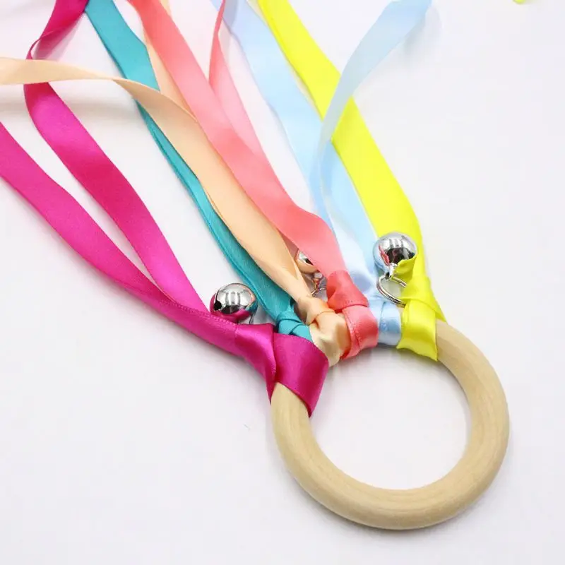 

Rainbow Natural Wooden Ribbon Ring with Bells Baby Teething Teether Molar Newborn Sensory Toy Shower Gifts