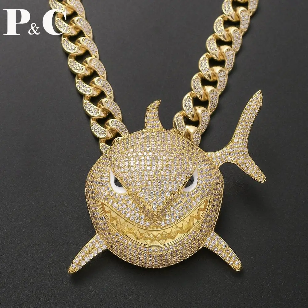 

Hip Hop Shark Animal Pendant & Necklace Gold Color with 12mm Cuban Chain for rapper Women Men Hip Hop Jewelry Gifts