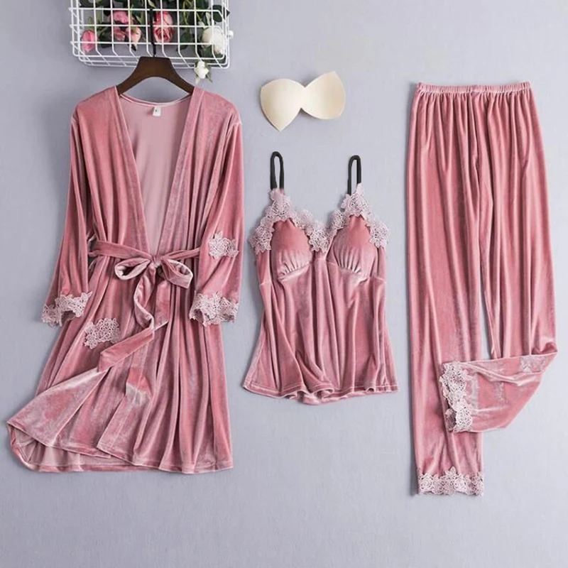 Женский велюровый Пижамный костюм из 3 предметов с кружевными вставками мягкий