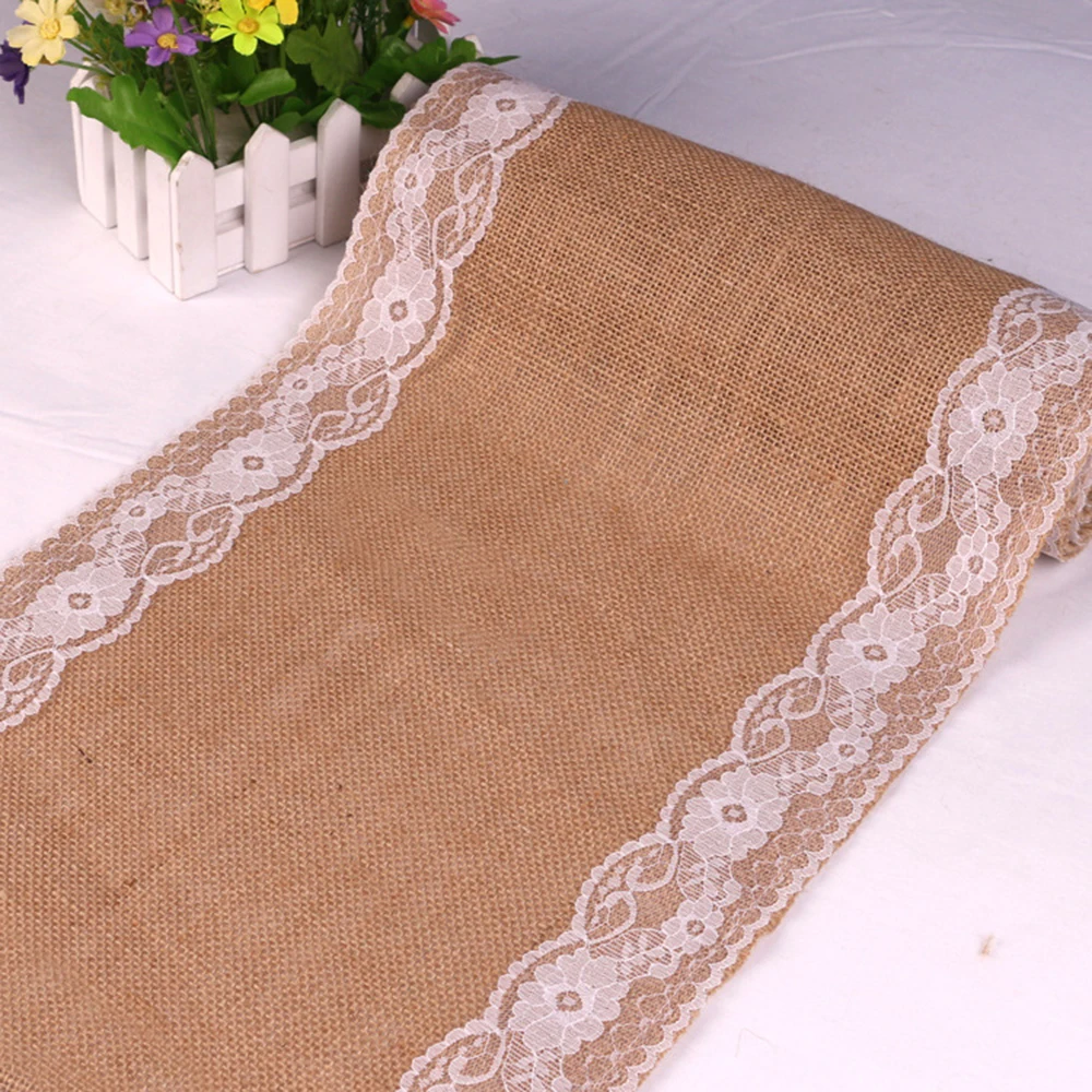 30x275cm Vintage Retro Burlap Linen Jute Table Cloth White Lace Runner S Grass Wedding Tablecloth Party Decorations | Дом и сад