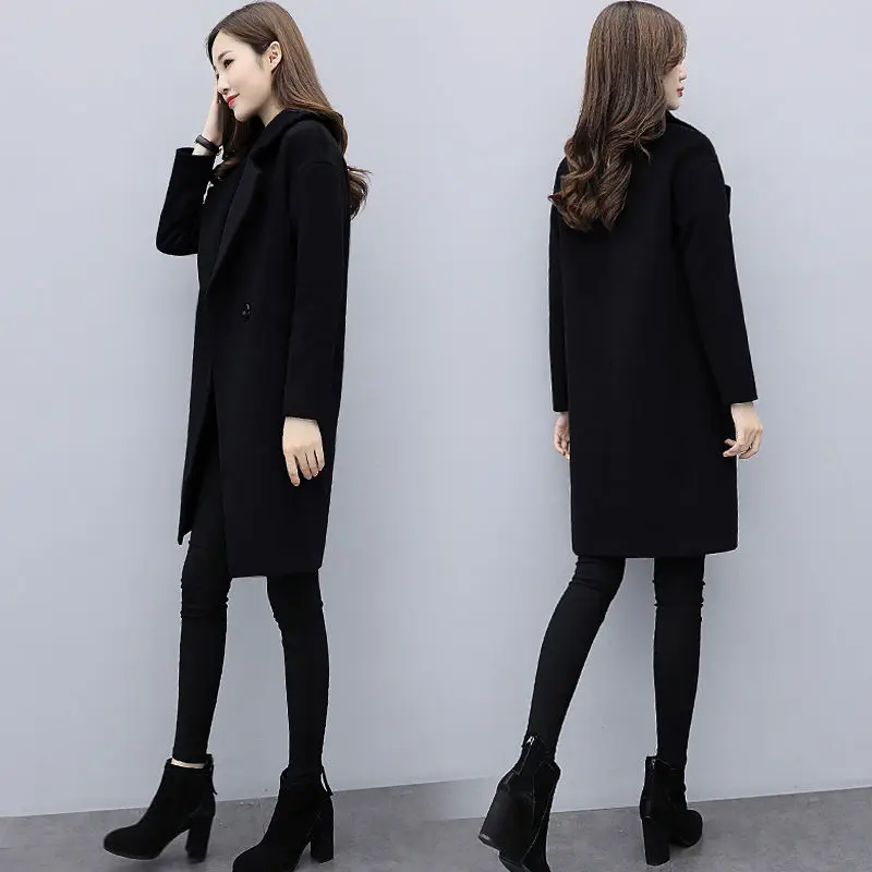

2021 Women Autumn Winter Casual Wool Blend Coats Lady Solid Button Long Sleeve Mid-long Jacket Female Vintage Loose Outwear F260