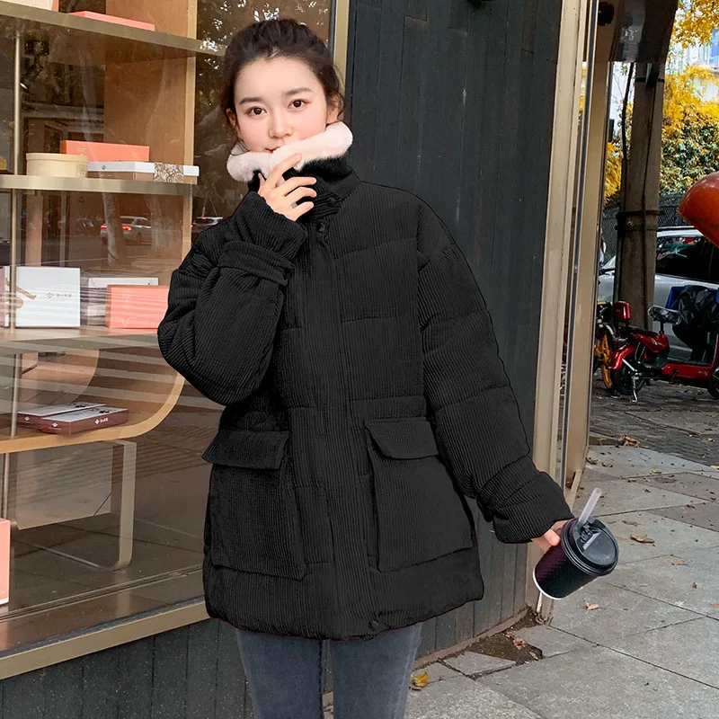 2021 New Women Fur Collar Corduroy Jacket Autumn Winter Female Plaid Short Parkas Ladies Outwear Fashion Warm Thick Padded Coat
