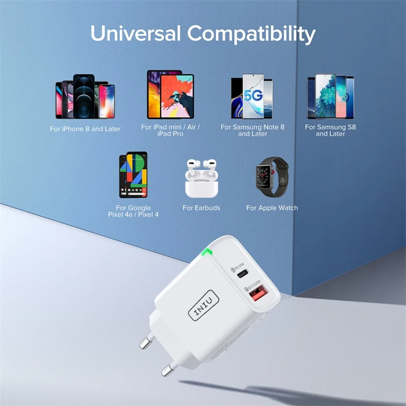 Фото Зарядное устройство INIU PD 20 Вт USB C QC 3 0 2 порта Светодиодный настенный адаптер для Зарядное устройство INIU PD 20 Вт USB C QC 3 0 2 порта Светодиодный настенный адаптер для