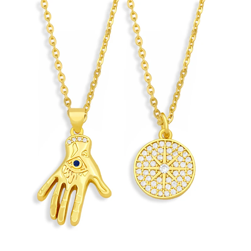 FLOLA Позолоченные рука Фатимы сглаза ожерелье для женщин CZ круглый кулон ожерелье Модные украшения колье основной de Фатьма nkev46
