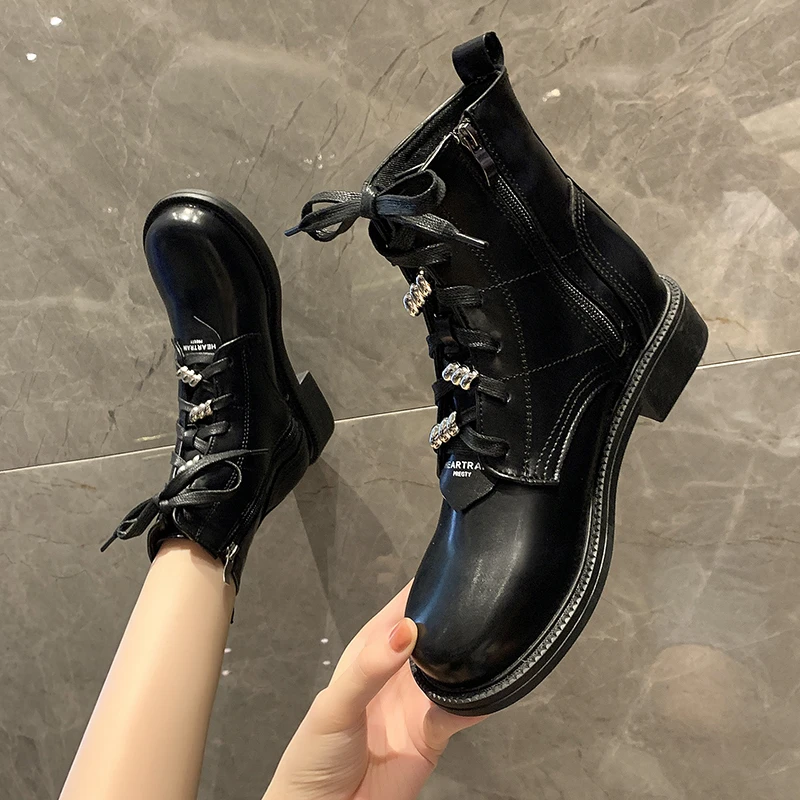 

New Leather Martin Boots for Women Shoes Thick Sole Lace Up Autumn Winter Short Women's Ankle Boots Motorcycle Boots Botas Mujer