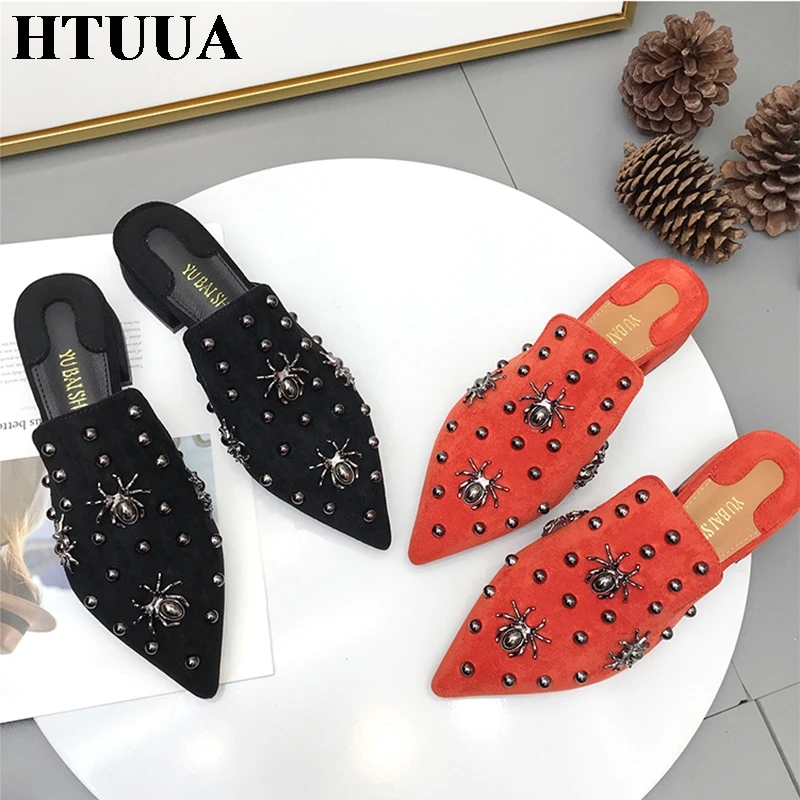 HTUUA/Модная женская обувь из флока с острым носком Женские шлепанцы Туфли без