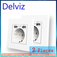 delviz dual usb charging outlet ac 110250v power jack white pc material panel 2a usb interface 16a eu standard wall socket