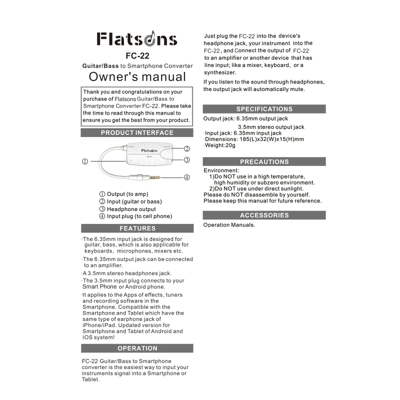 

Electric Guitar Bass to Mobile Phone Tablet Converter with 6.35mm Input Port