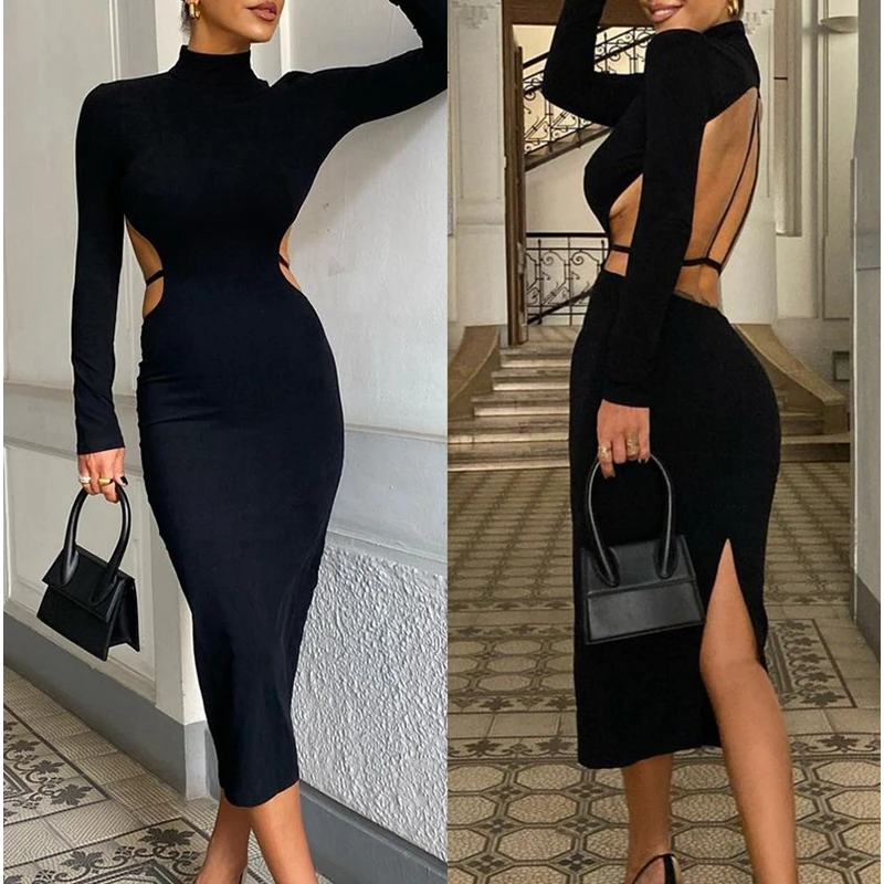 

Женское облегающее сексуальное платье с длинным рукавом, 2021, женственное, сексуальное, с открытой спиной, с высокой талией, длинное платье с ...
