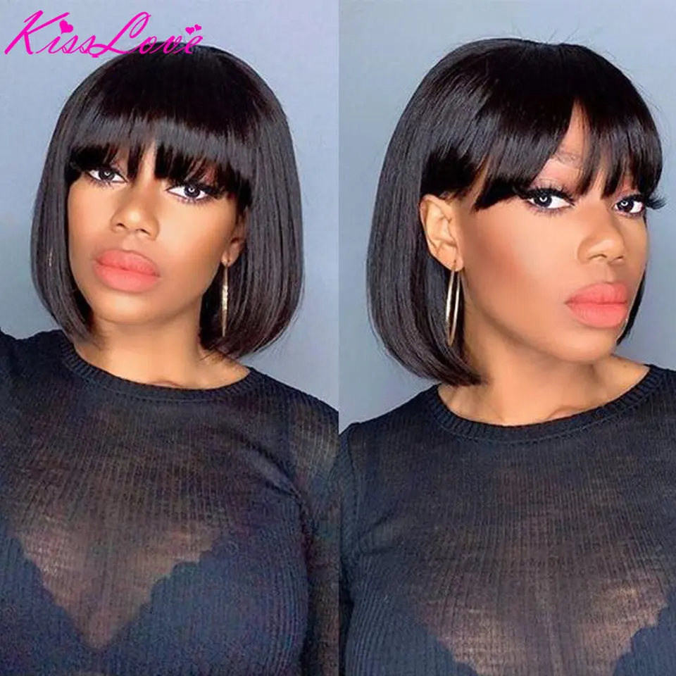 Short Bob Lace Front Human Hair Wig Brazilian Remy Hair Bob Wig with Bangs Pre Plucked Lace Wig Natural Hairline For Black Women