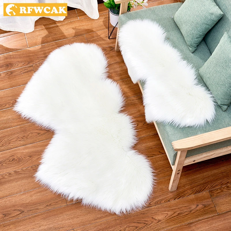 Artificial Wool Sheepskin Baby Room Bedroom Soft Area Mat Long Hairy Rug Blue White Pink Shaggy Carpet Love Heart Shape Fur Rugs | Дом и сад
