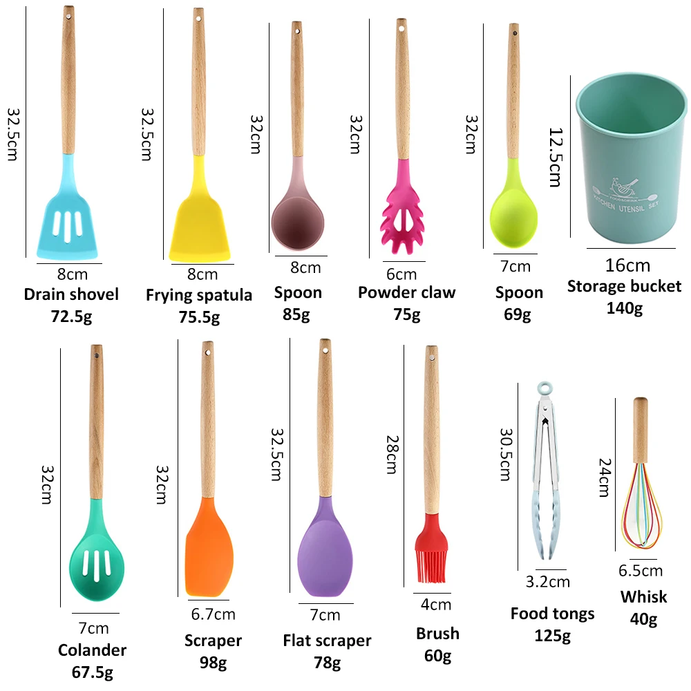 

12pcs Cooking Tools Set Non-Stick Silicone Spatula Spoon Shovel Colander Wooden Handle Cookware Kitchen Gadgets Utensils Gift