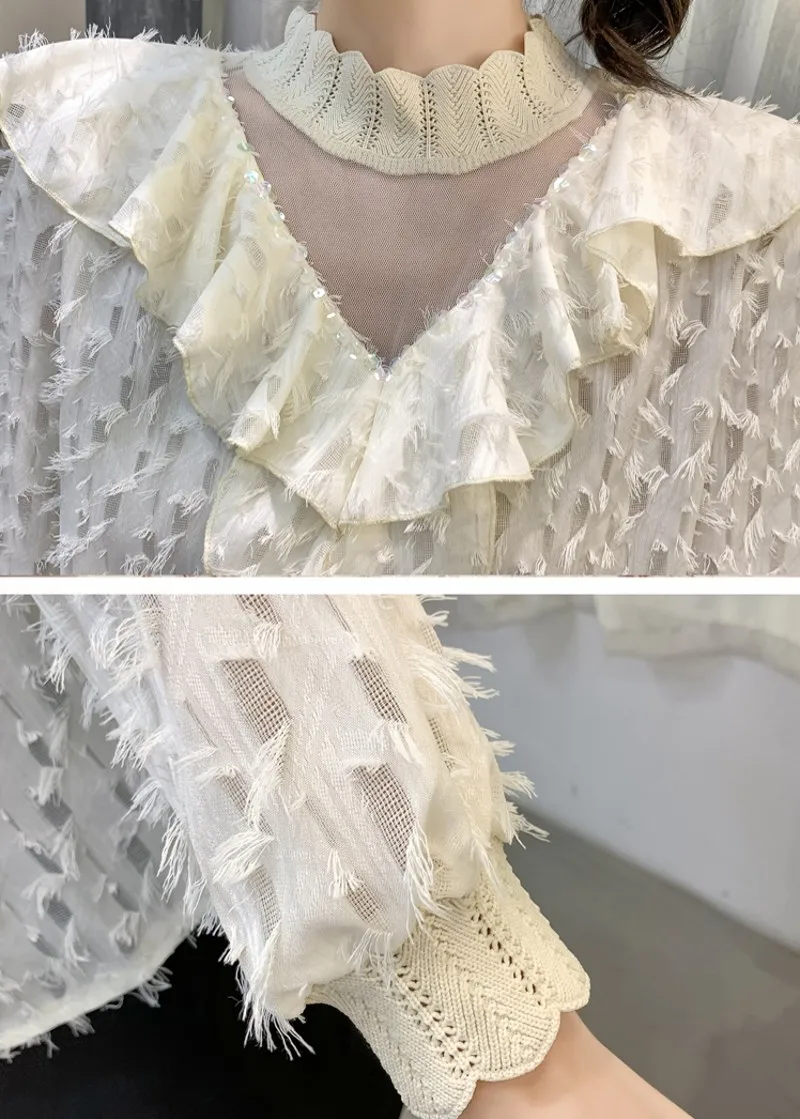 

2020 spring new style stand collar ruffle mesh splicing western style shirt female long sleeve lace shirt