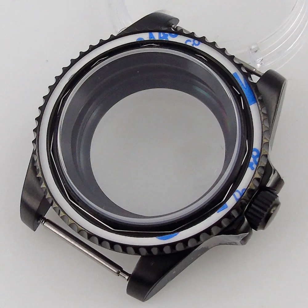 

40MM Bliger Black PVD Plated Watch Case Sapphire/Domed Mineral Glass Rotating Bezel Screwdown Crown For NH35 NH36 No Insert