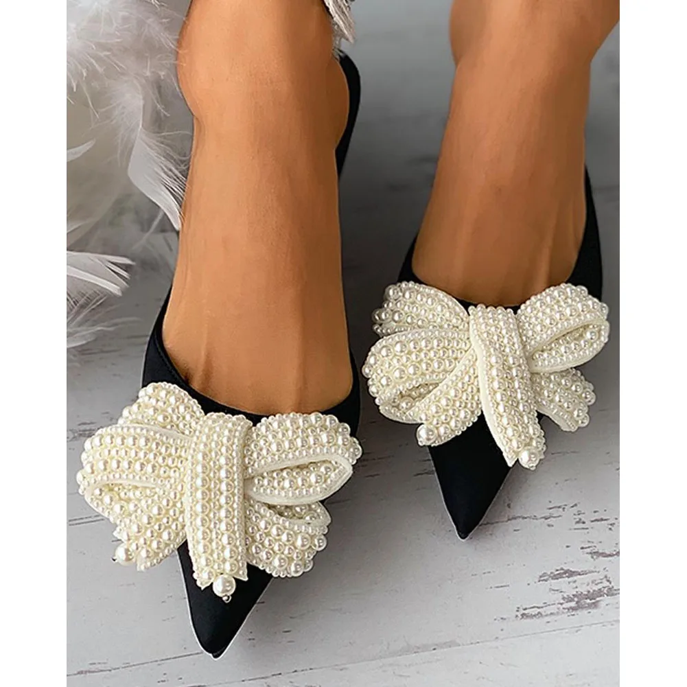

Silk Spike Heels Pointed Toe Slip-On Med Heel With Butterfly-knot Summer Sweet 2021 New Arrivals Hot Sale Woman Mules Shoes
