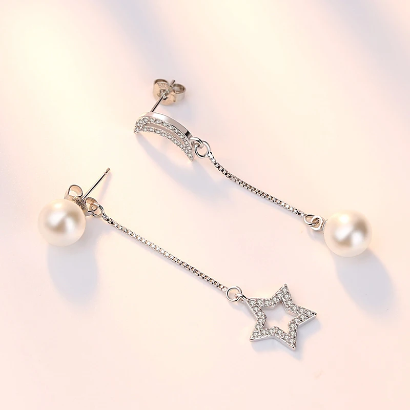 Женские асимметричные серьги-цепочки с Луной и звездой Серебристые серьги микро