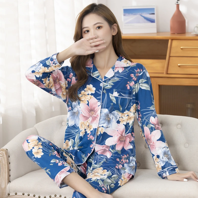 

Autumn Sweet Cardigan Pajamas For Women Sleepwear Pyjama Set Button Femme Flowers Print Long Sleeved Homeweat Suit Wholesale