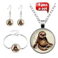 4pcsset new fashion handmade glass witchcraft cute sloth pendant choker necklace bracelet earrings for women jewelry