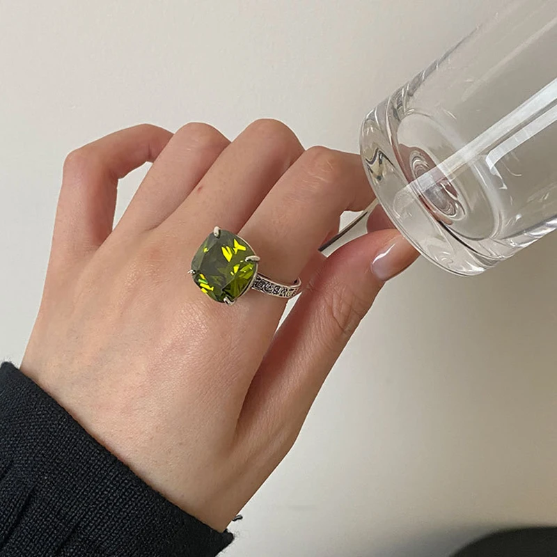 

S925 Sterling Silver Square Natural Zircon Rings Female Retro Text Design Open Index Finger Ring