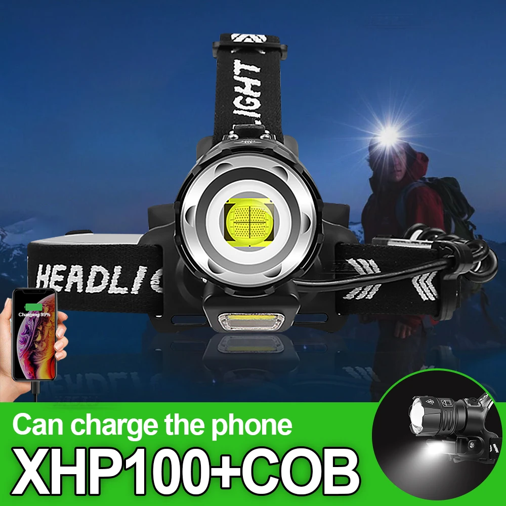 

100000LM налобный фонарь высокой мощности XHP160 светодиодный налобный фонарь 18650 перезаряжаемый масштабирующий водонепроницаемый налобный фона...