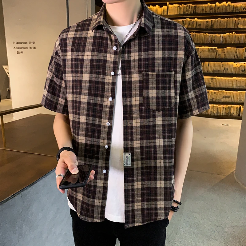 

Branded Men's clothing Plaid Shirt 2021 New Spring Summer Men Casual Shirts Short Sleeve Male Check Shirts for men Korean Shirt